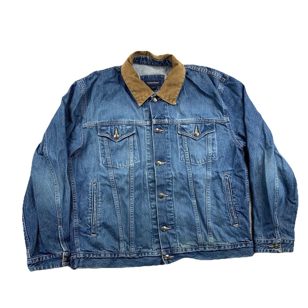 Lands' End Denim Trucker Jacket Men's Large Corduroy Collar Blue Cotton Ranch